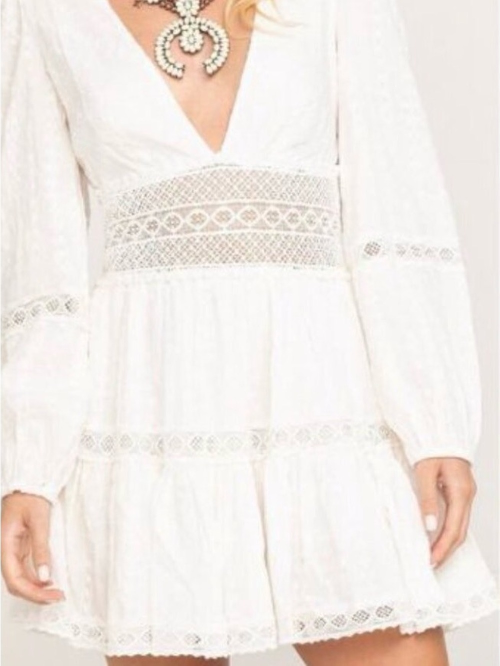 Free People White Lace V-Neck Tiered Mini Dress